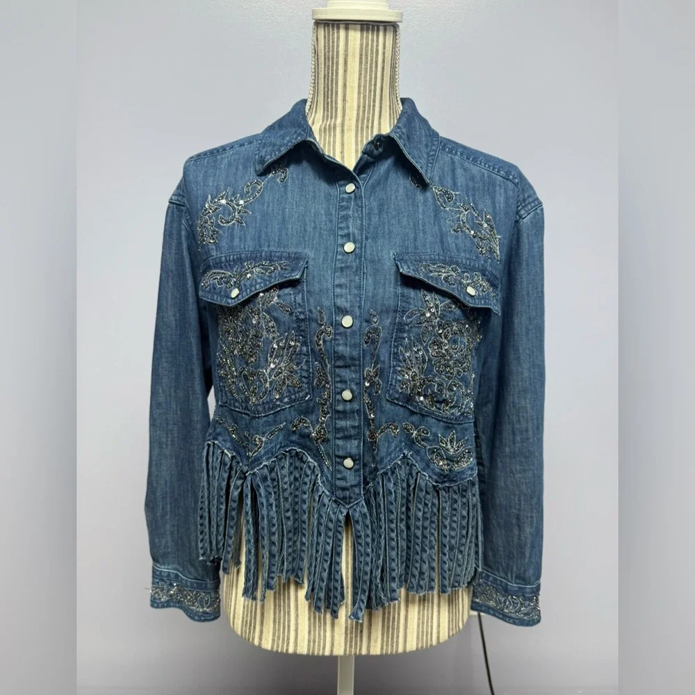 NWT Pilcro Denim Silver embellished Collar Button Down fringe bottom Shirt XXS - Picture 4 of 16